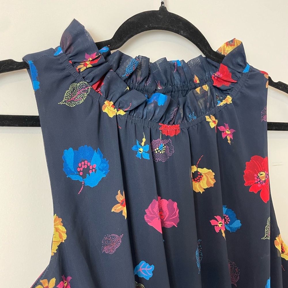 1901 Navy Floral Midi Dress Size 8 Medium Fun Spring Print Smocked Waist Ruffles - Picture 7 of 10